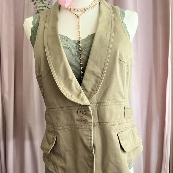 Womens Army Khaki Button Up Vest With Pockets - Picture 4 of 8